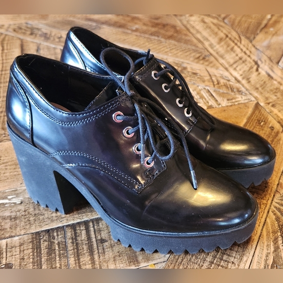 Zara Trafaluc Chunky Block Platform Heels Lace Up Faux Leather Boots Size 6.5 - Picture 2 of 13